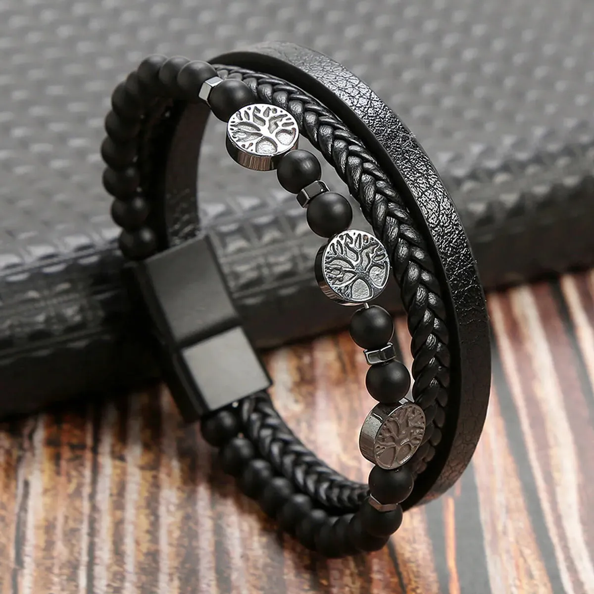 Viking - Norse Viking Bracelets for Men, Black Mens Leather Bracelet Bangle