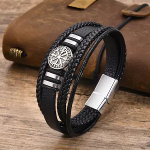 Viking - Norse Viking Bracelets for Men, Black Mens Leather Bracelet Bangle
