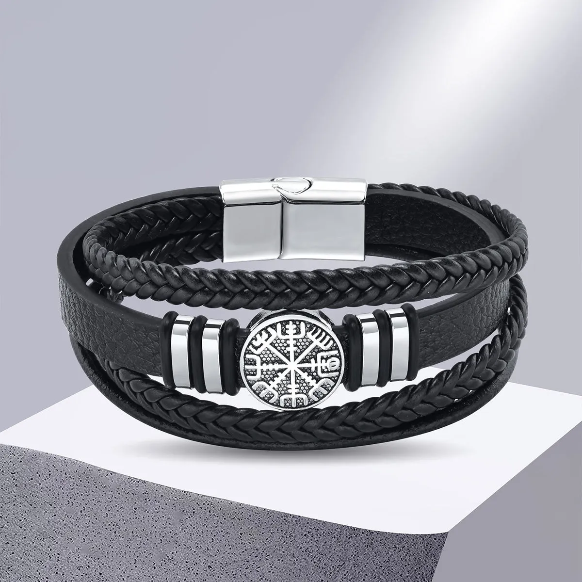 Viking - Norse Viking Bracelets for Men, Black Mens Leather Bracelet Bangle