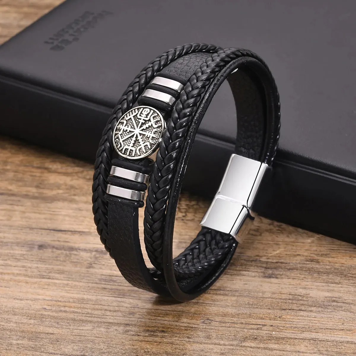 Viking - Norse Viking Bracelets for Men, Black Mens Leather Bracelet Bangle