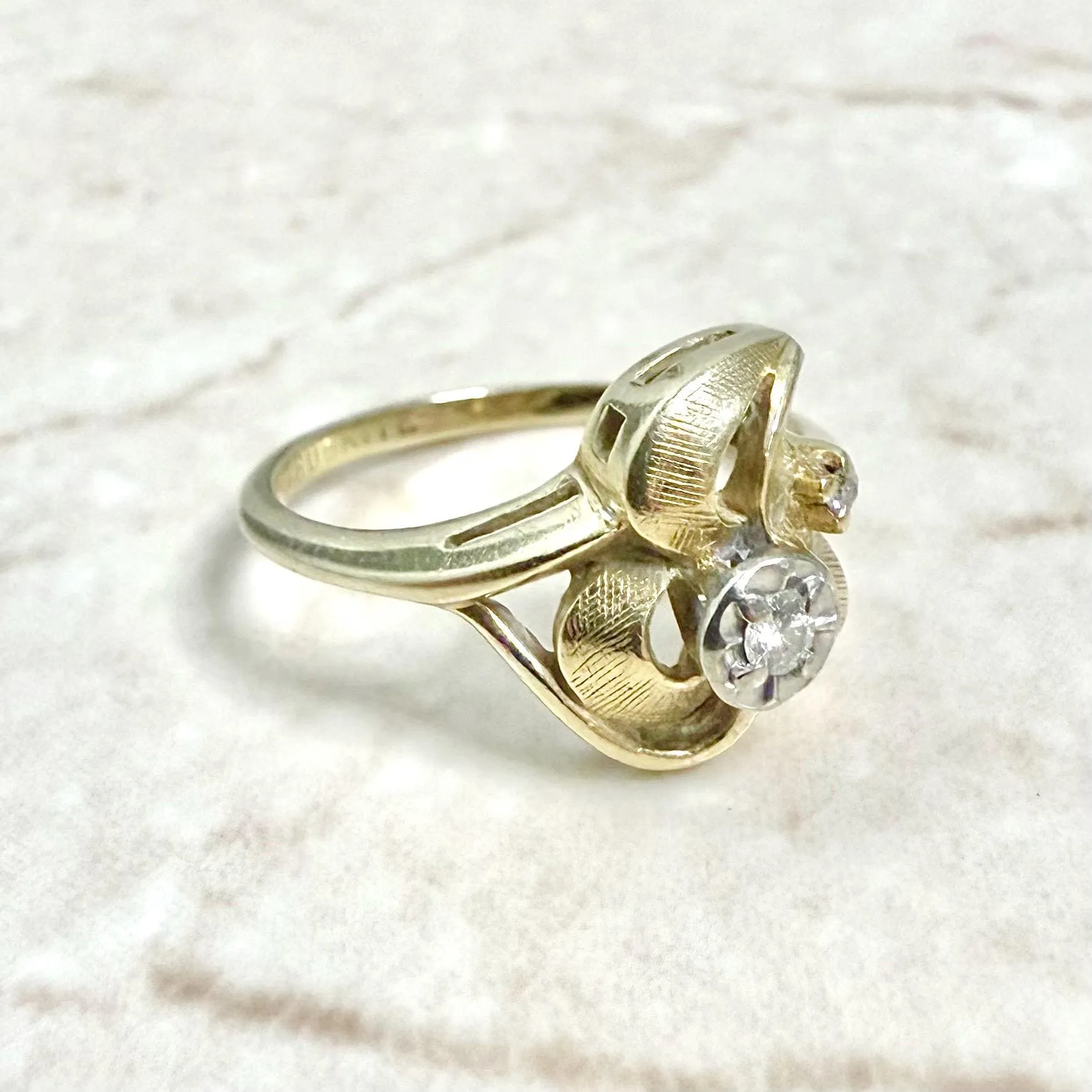 Vintage 14 Karat Yellow Gold Diamond Leaf Cocktail Ring