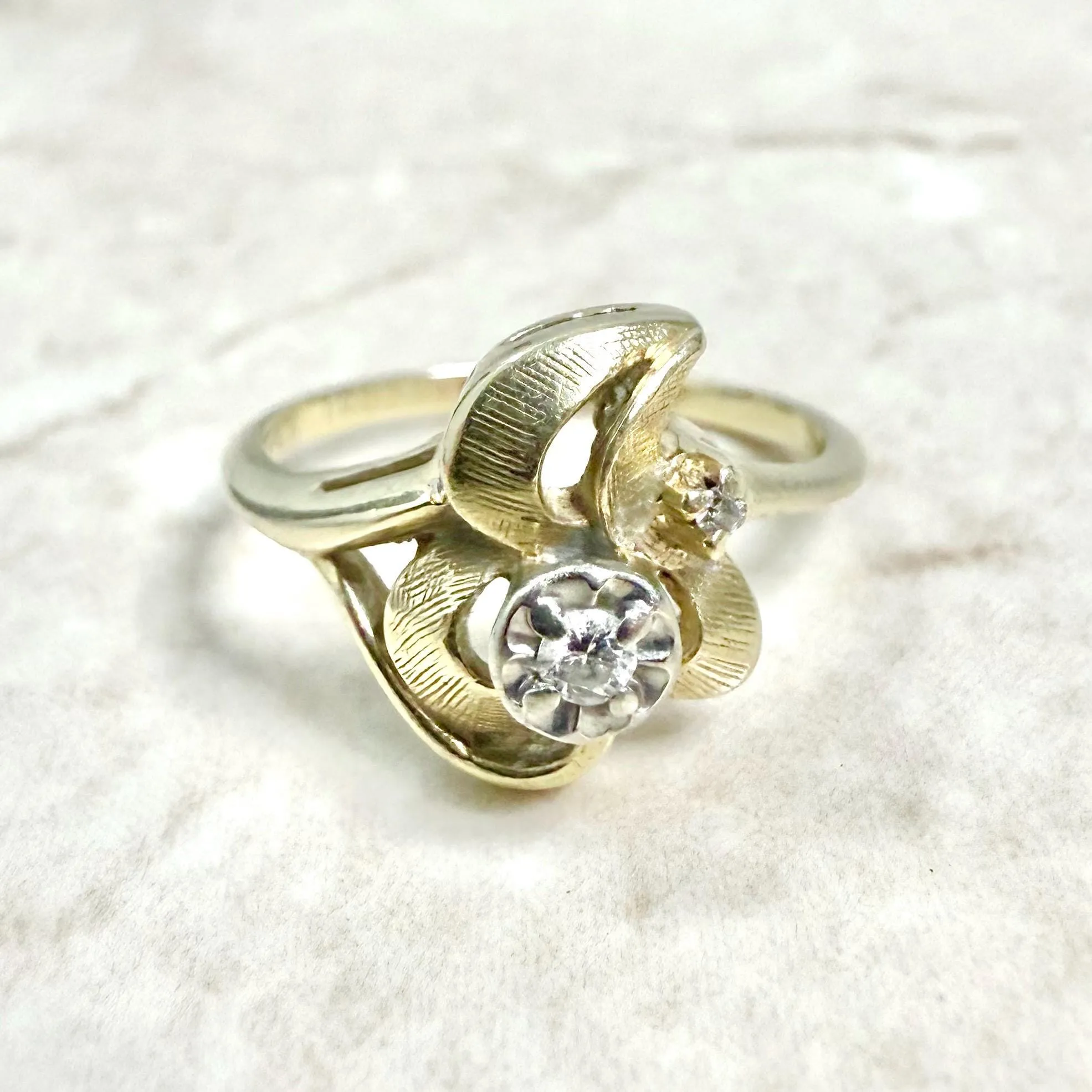 Vintage 14 Karat Yellow Gold Diamond Leaf Cocktail Ring