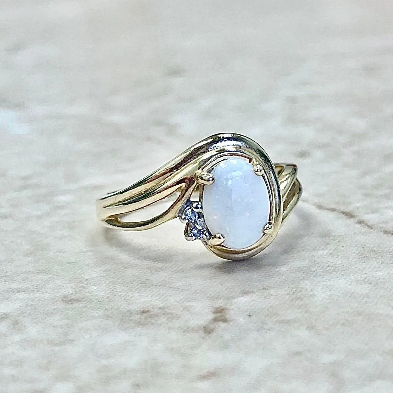 Vintage 14 Karat Yellow Gold Natural Opal & Diamond Cocktail Ring