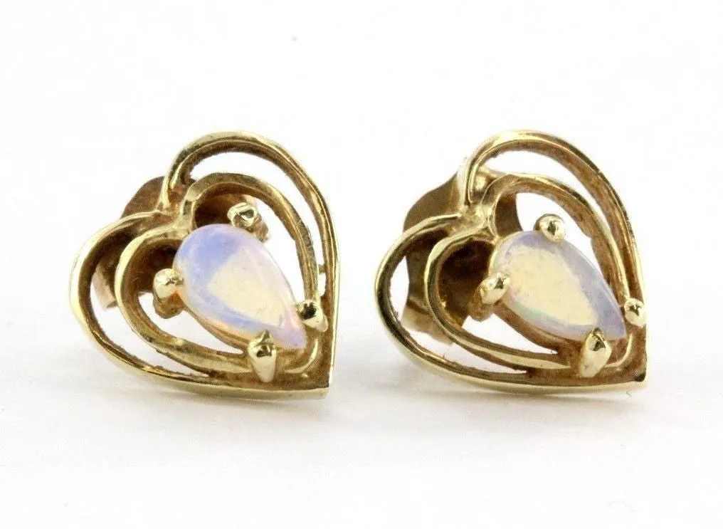 Vintage 14K Gold & Opal Double Heart Earring Studs
