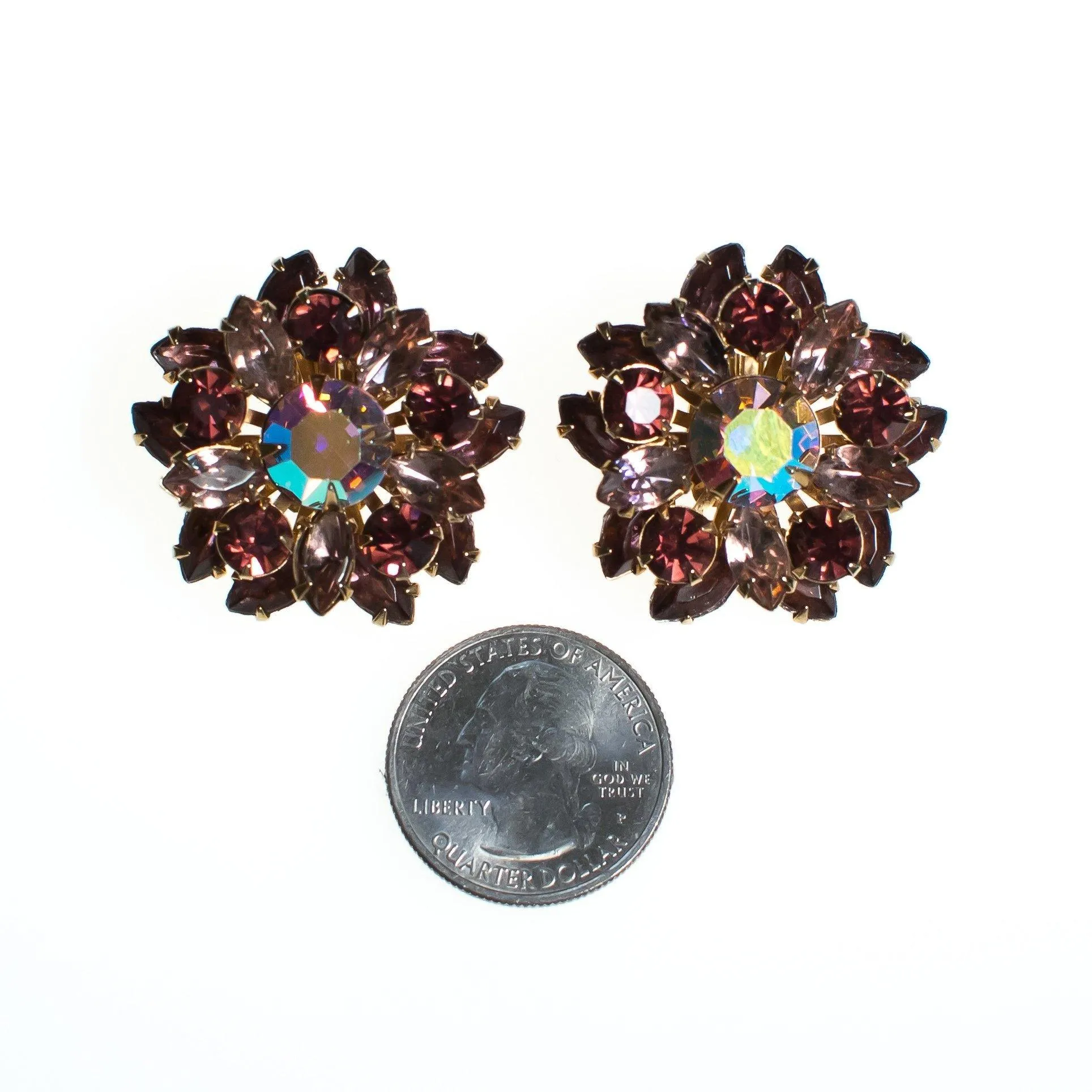 Vintage 1950s Rhinestone Earrings, Purple and Aurora Borealis Rhinestones, Gold Tone Setting, Clip-on
