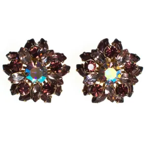 Vintage 1950s Rhinestone Earrings, Purple and Aurora Borealis Rhinestones, Gold Tone Setting, Clip-on