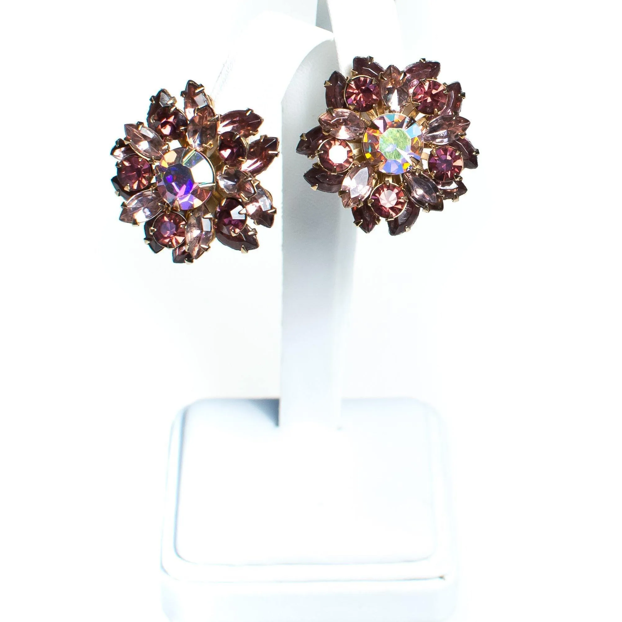 Vintage 1950s Rhinestone Earrings, Purple and Aurora Borealis Rhinestones, Gold Tone Setting, Clip-on