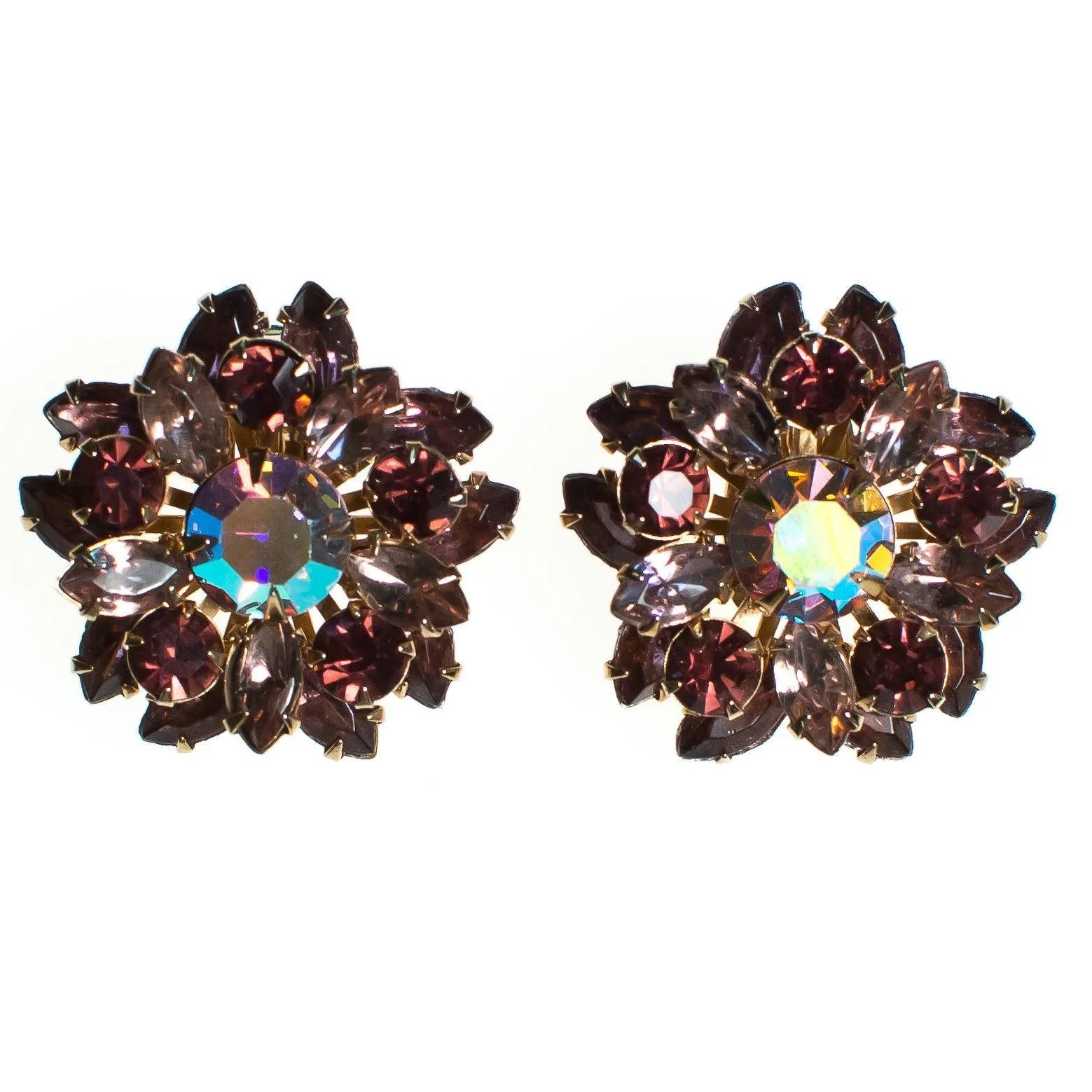 Vintage 1950s Rhinestone Earrings, Purple and Aurora Borealis Rhinestones, Gold Tone Setting, Clip-on