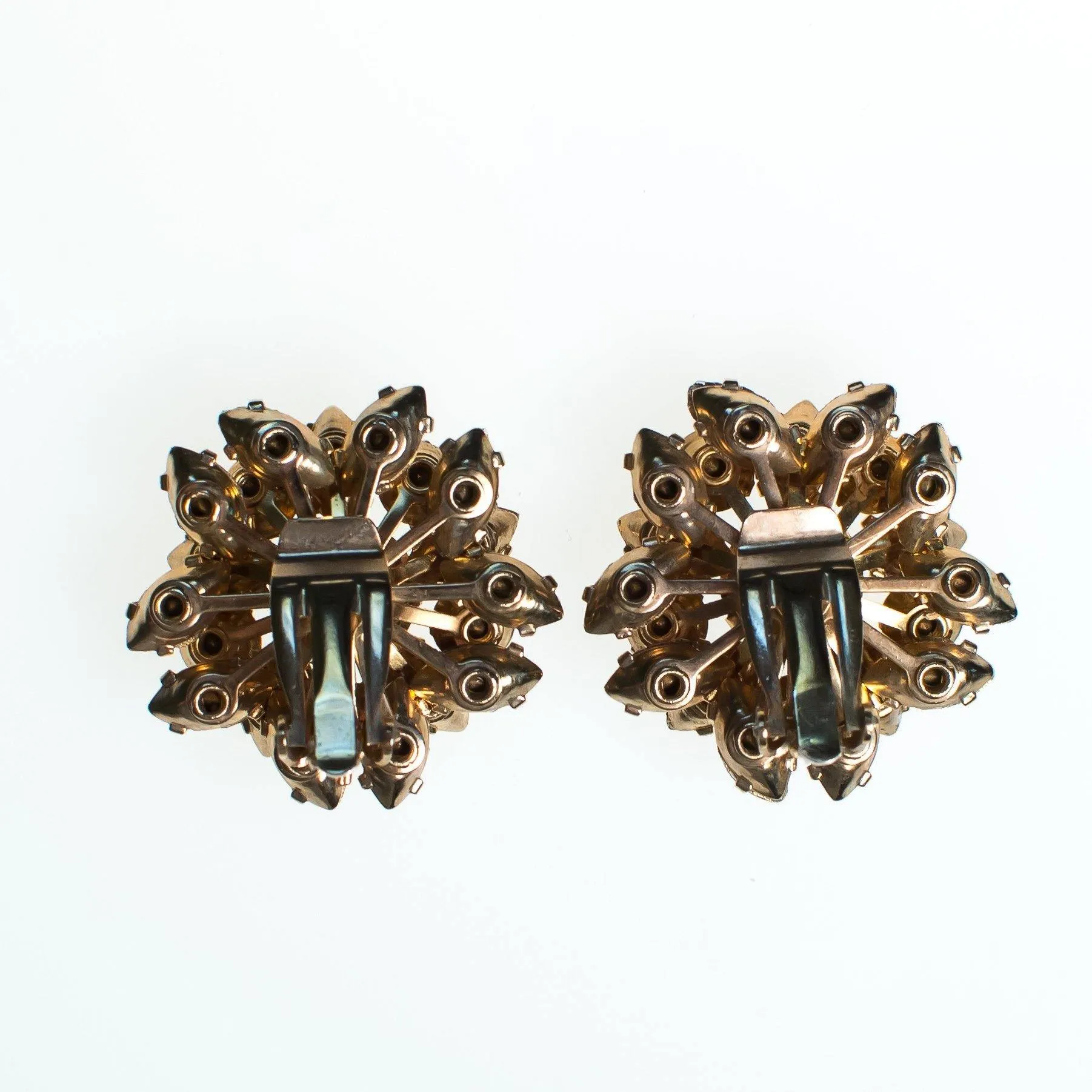 Vintage 1950s Rhinestone Earrings, Purple and Aurora Borealis Rhinestones, Gold Tone Setting, Clip-on