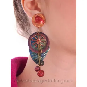 Vintage 1980s Long Drop Earrings Colorful Metal Fans Pierced