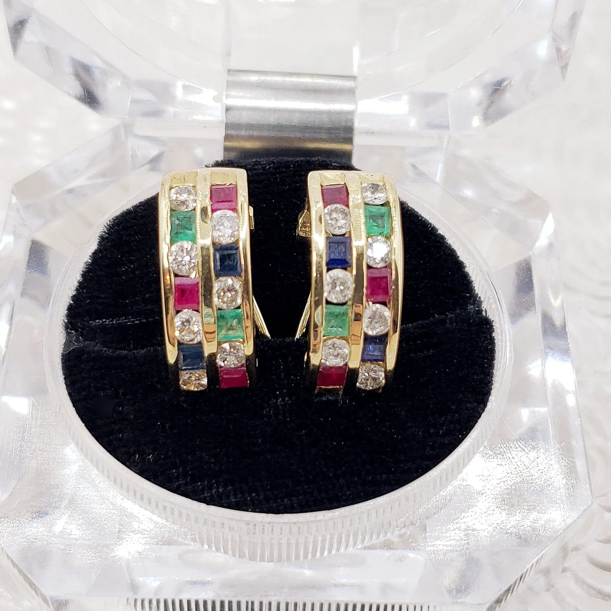 Vintage 1980s Ruby, Sapphire, Diamond, Emerald, and 14K Yellow Gold Half Hoop Earrings - 80s Red Ruby, Blue Sapphire, Green Emerald Earrings