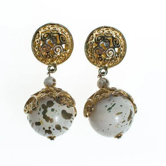 Vintage 1980s White and Gold Speckled Bead Drop Statement Earrings, Clip On