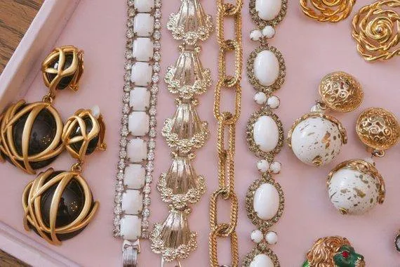 Vintage 1980s White and Gold Speckled Bead Drop Statement Earrings, Clip On