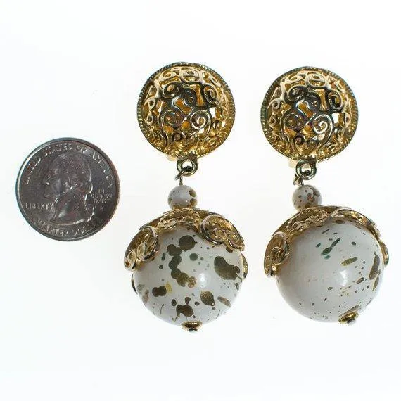 Vintage 1980s White and Gold Speckled Bead Drop Statement Earrings, Clip On