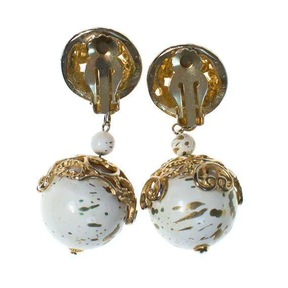 Vintage 1980s White and Gold Speckled Bead Drop Statement Earrings, Clip On