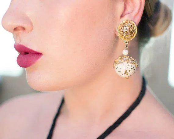Vintage 1980s White and Gold Speckled Bead Drop Statement Earrings, Clip On