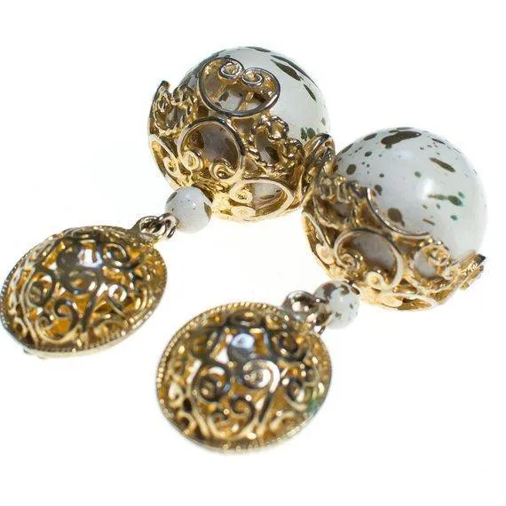 Vintage 1980s White and Gold Speckled Bead Drop Statement Earrings, Clip On