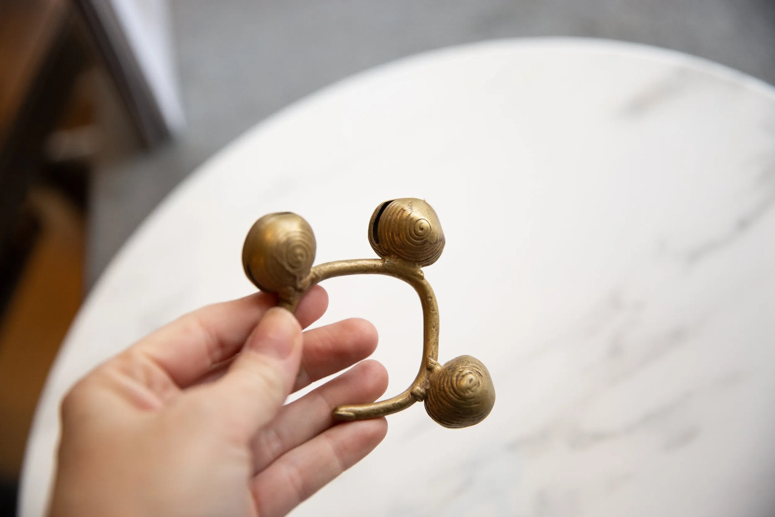 Vintage African Bronze Lobi Bell Cuff Bracelet with Gold Patina