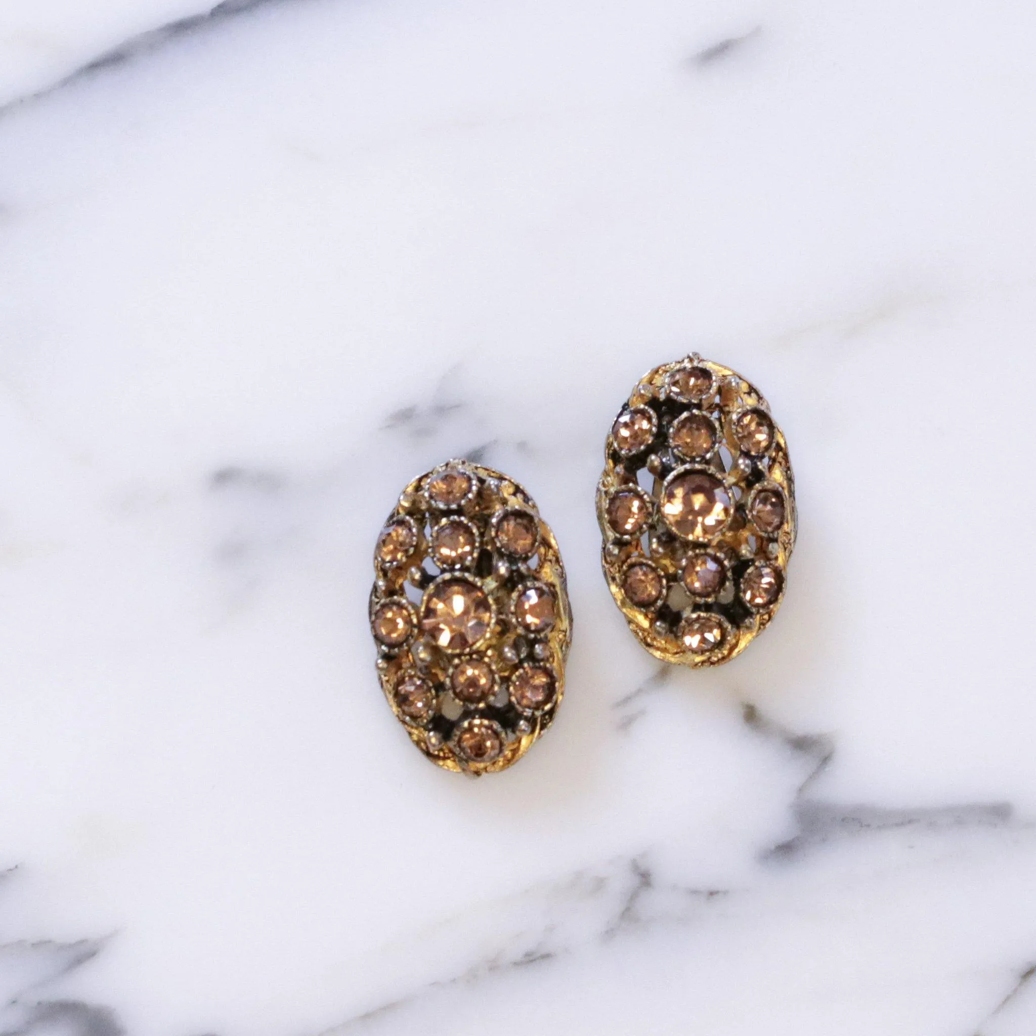 Vintage Amber Rhinestone Oval Statement Earrings