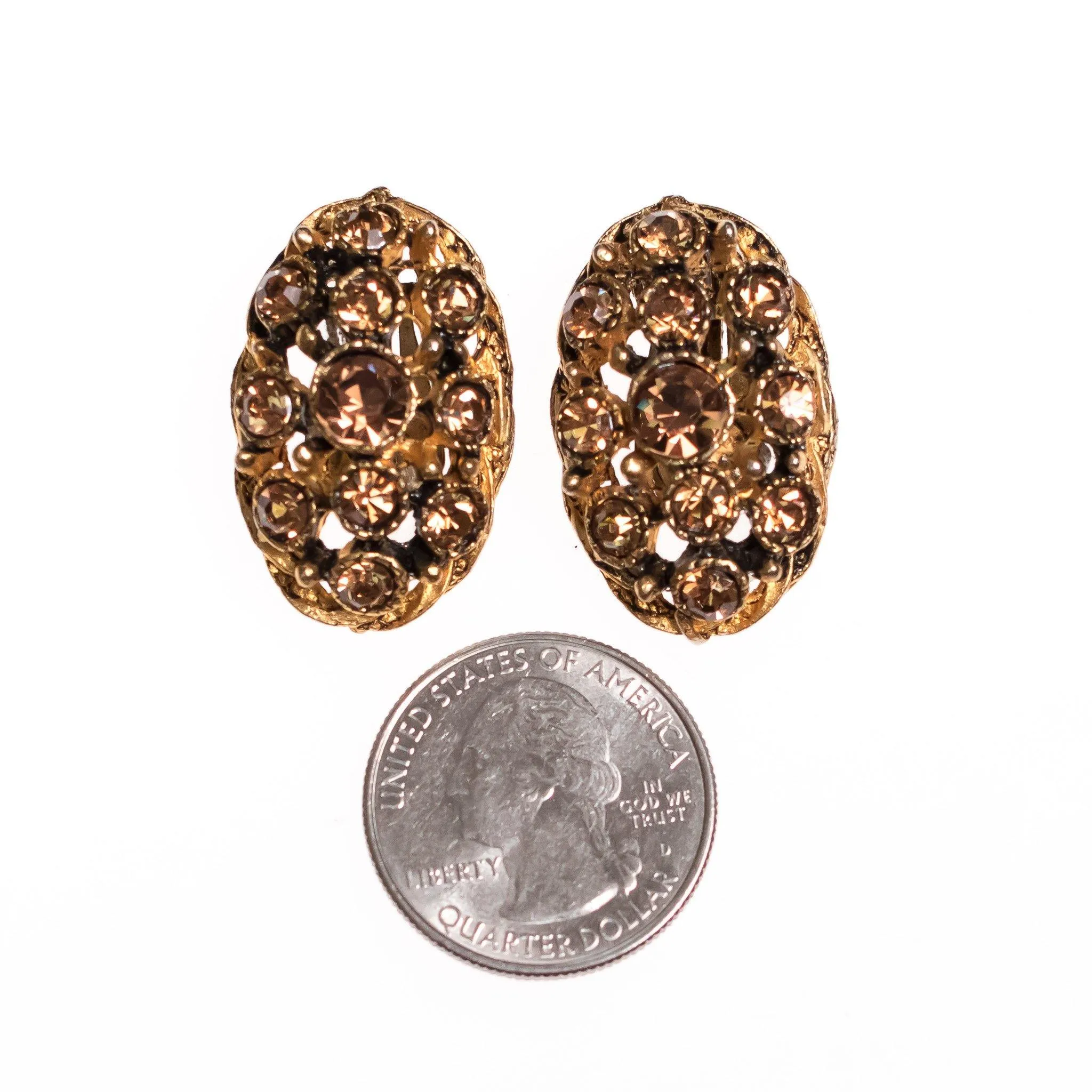 Vintage Amber Rhinestone Oval Statement Earrings
