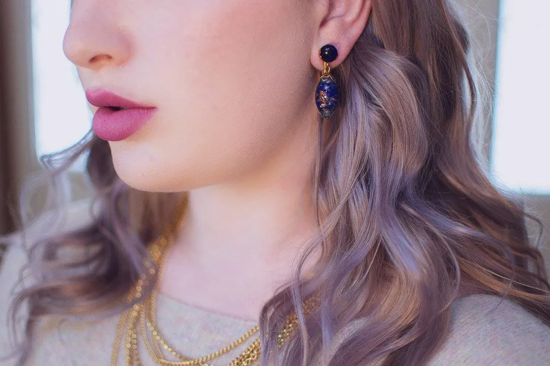 Vintage Blue and Gold Venetian Wedding Cake Bead Earrings