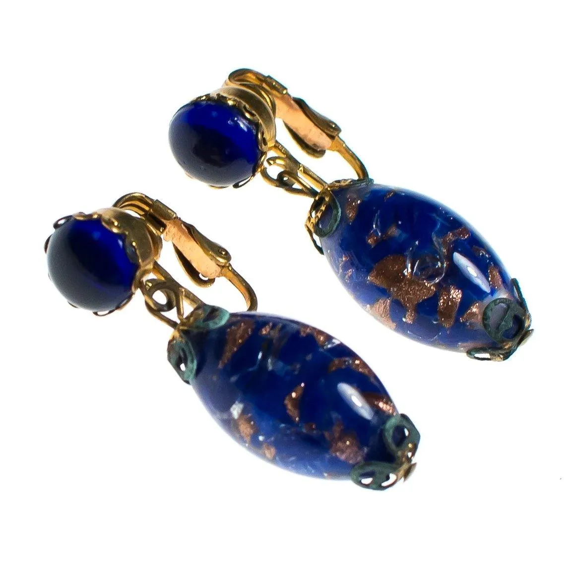 Vintage Blue and Gold Venetian Wedding Cake Bead Earrings
