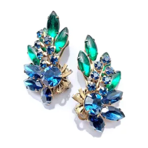 Vintage Blue and Green Ear Crawler Rhinestone Statement Earrings