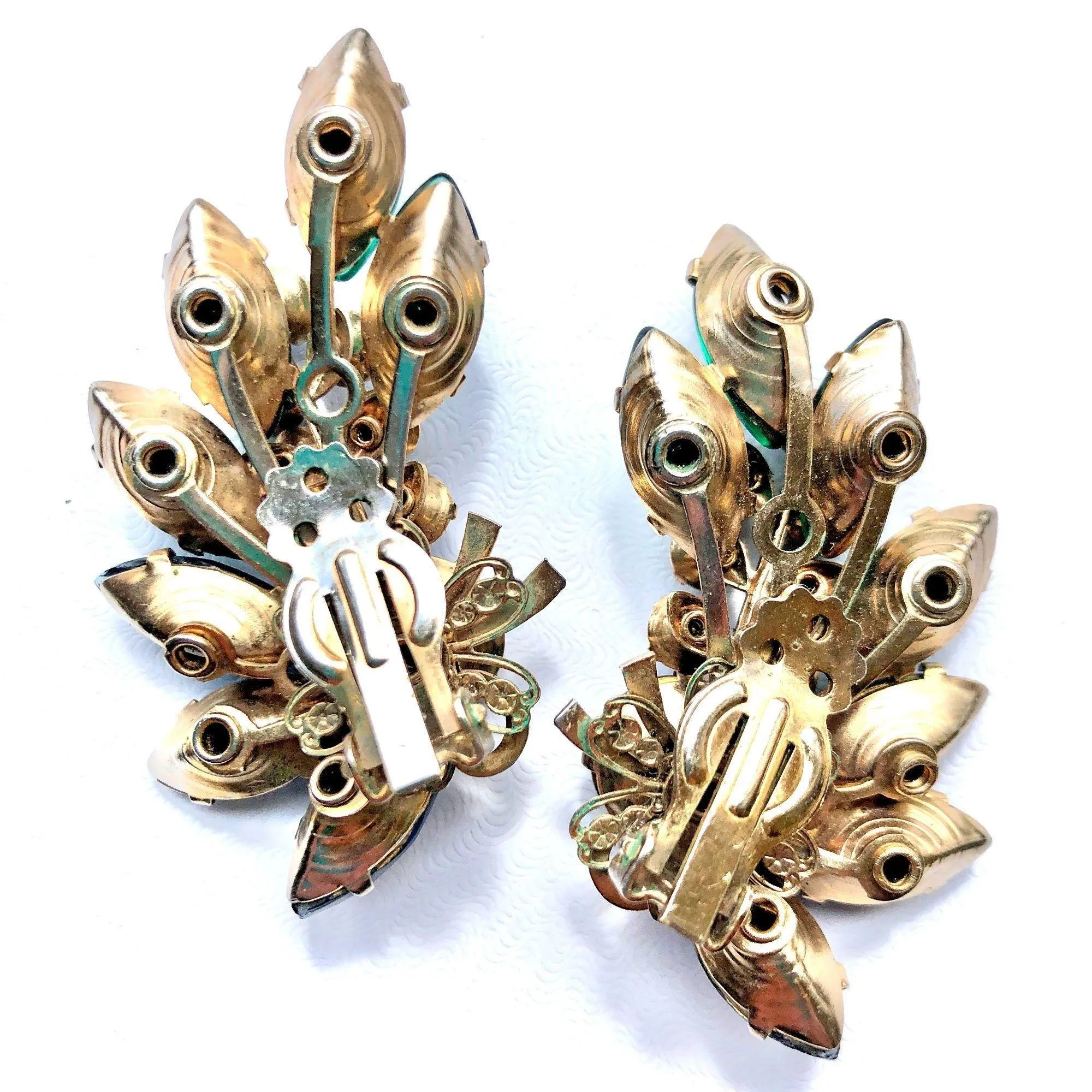 Vintage Blue and Green Ear Crawler Rhinestone Statement Earrings