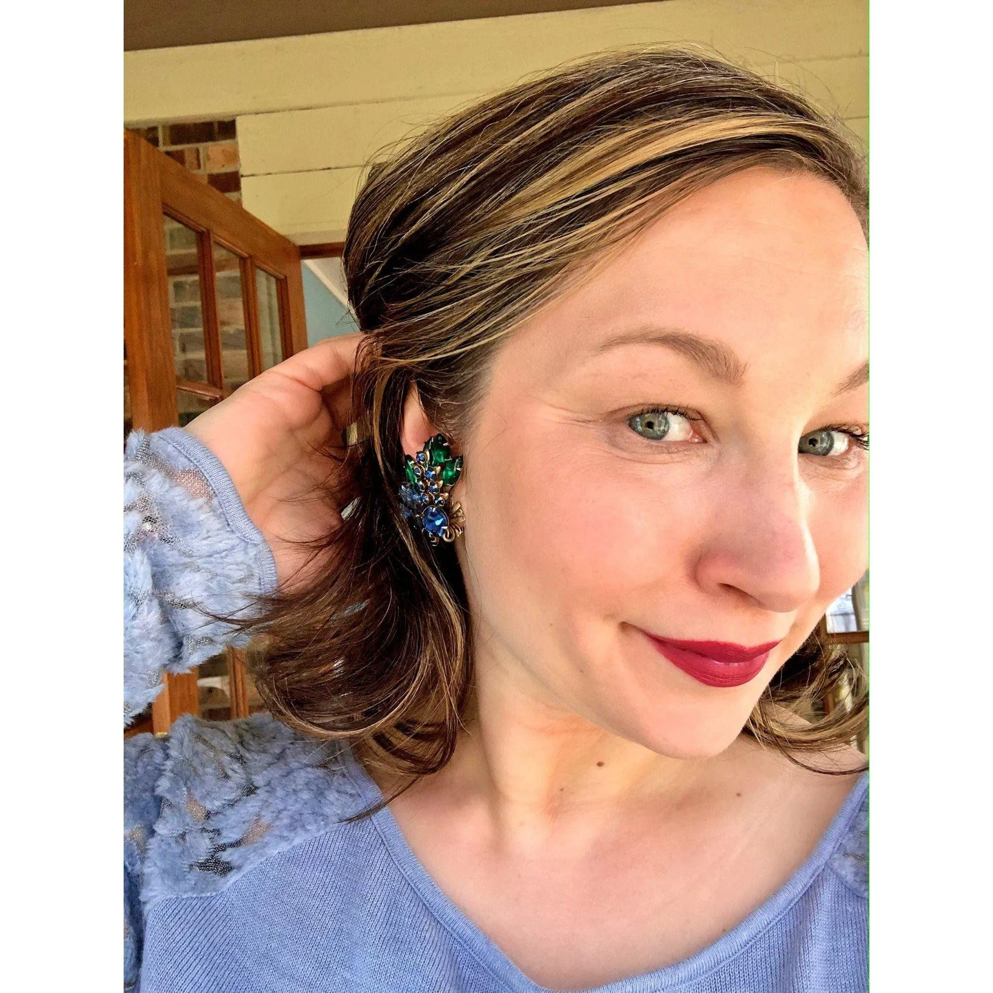 Vintage Blue and Green Ear Crawler Rhinestone Statement Earrings