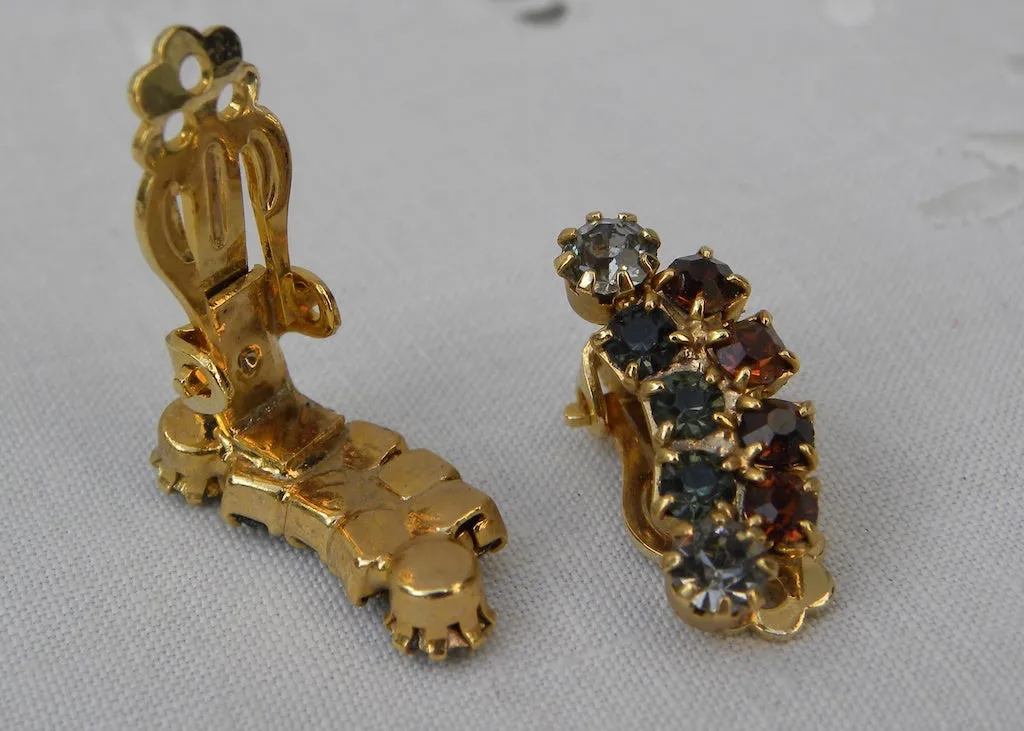 Vintage Brown and Blue Rhinestone Pin and Earring Set