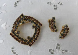 Vintage Brown and Blue Rhinestone Pin and Earring Set