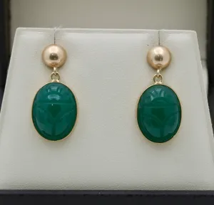 Vintage Carved Chrysoprase Scarab Dangling Earrings