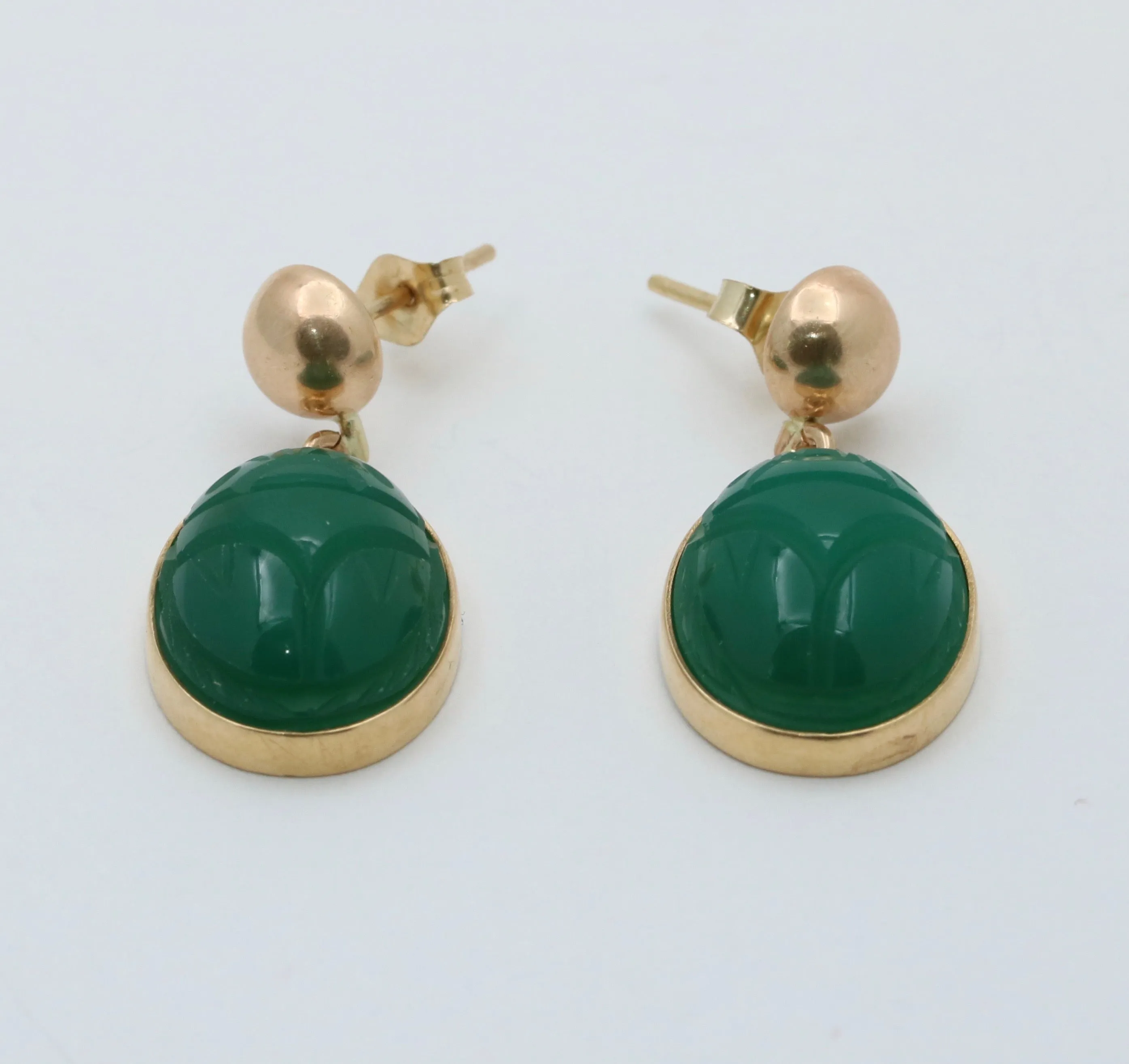 Vintage Carved Chrysoprase Scarab Dangling Earrings