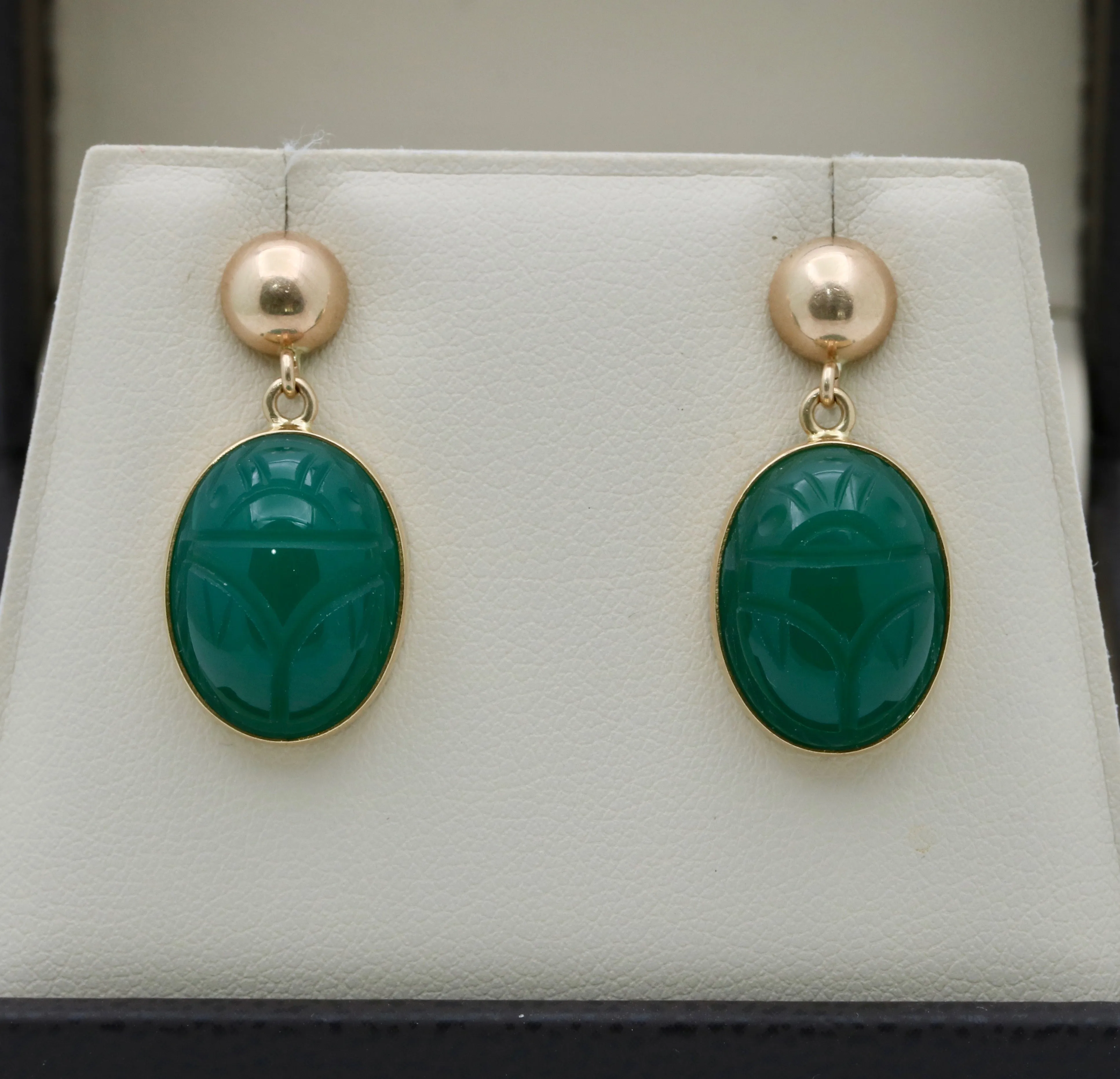 Vintage Carved Chrysoprase Scarab Dangling Earrings