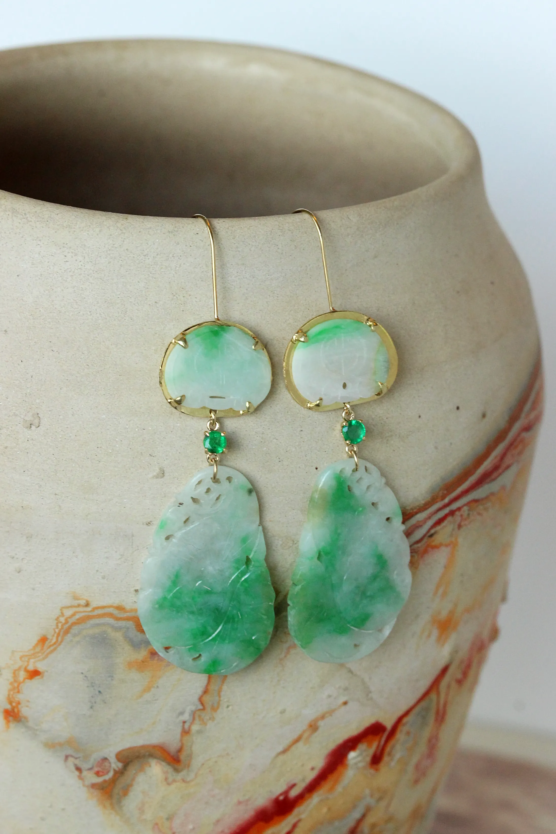 Vintage Carved Jade & Emerald Earrings, 14k