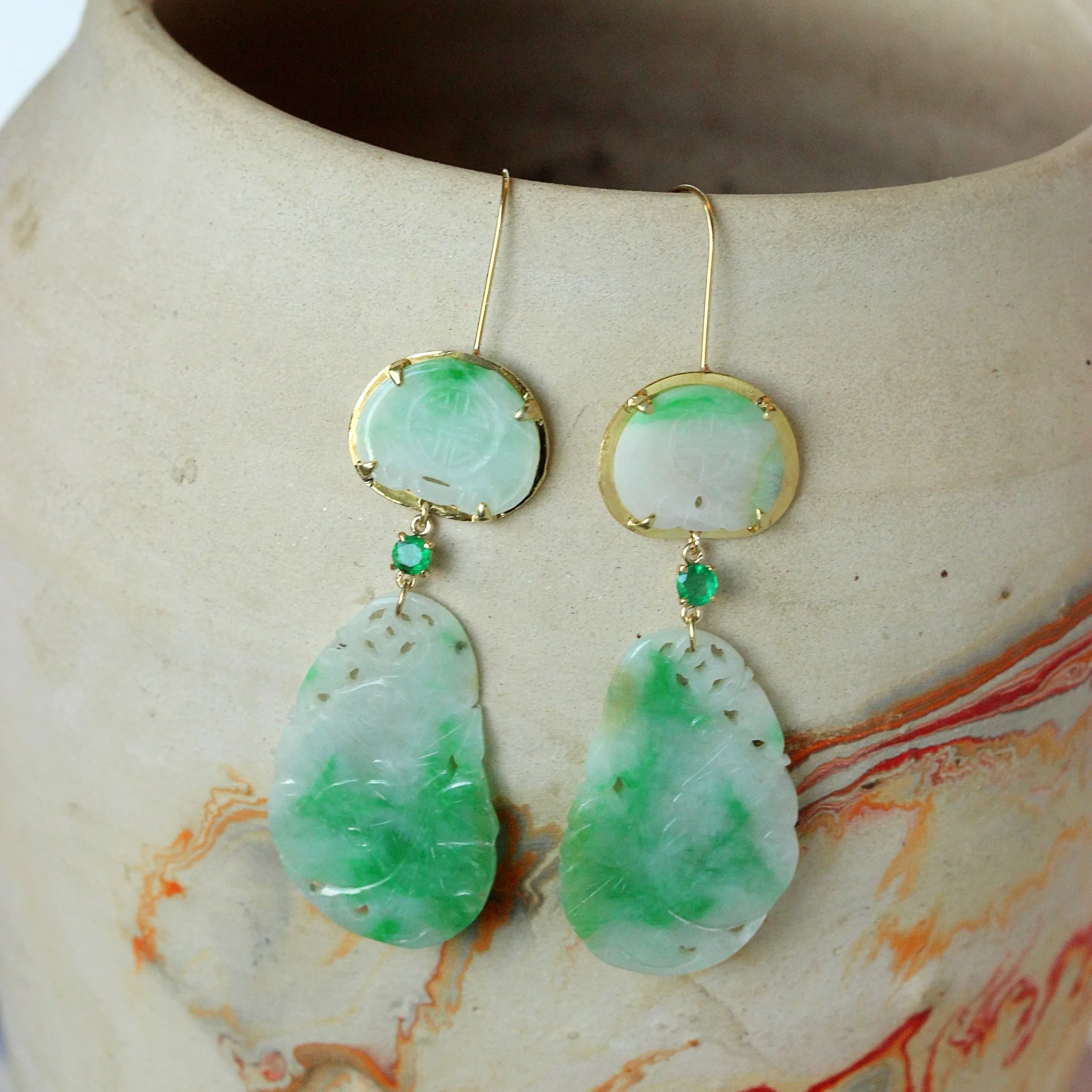 Vintage Carved Jade & Emerald Earrings, 14k
