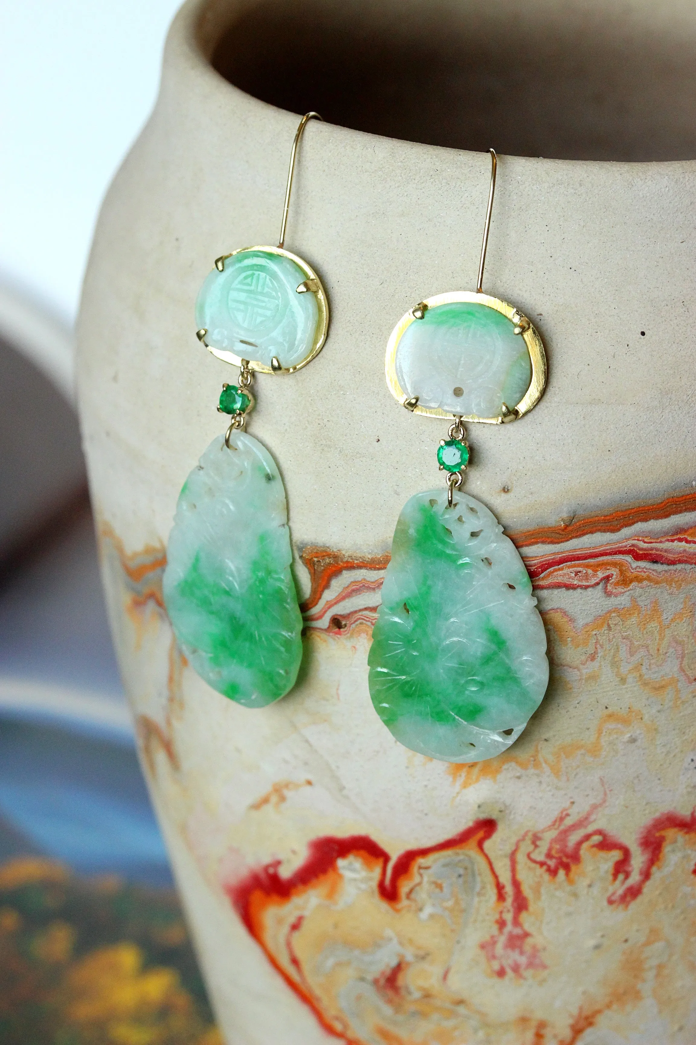 Vintage Carved Jade & Emerald Earrings, 14k