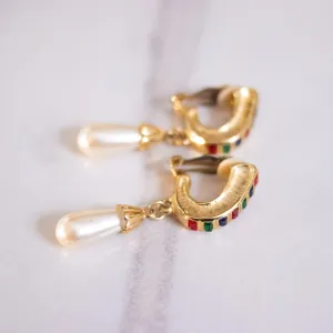 Vintage Colorful Rainbow Rhinestones and Faux Pearl Earrings