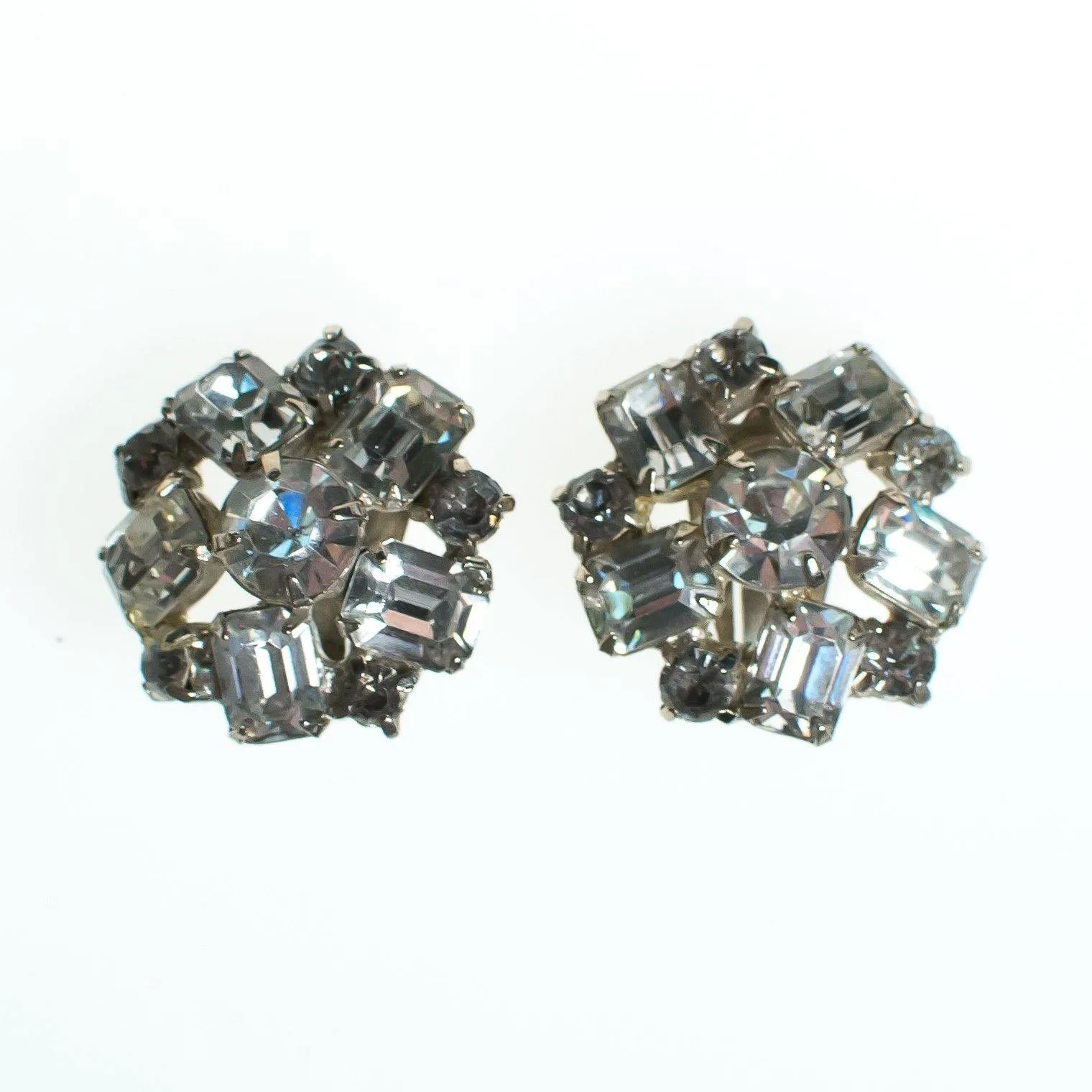 Vintage Diamante Crystal Rhinestone Statement Earrings Silver Tone Setting, Clip-on