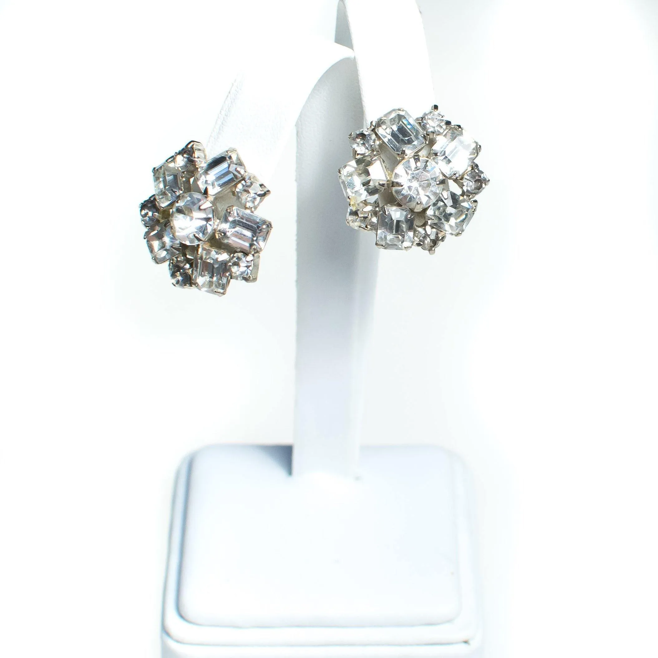 Vintage Diamante Crystal Rhinestone Statement Earrings Silver Tone Setting, Clip-on