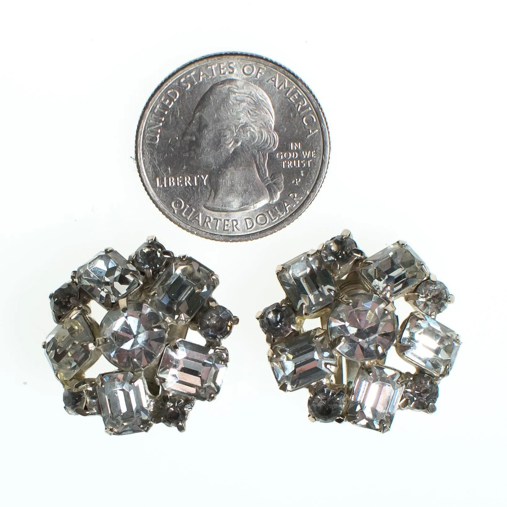 Vintage Diamante Crystal Rhinestone Statement Earrings Silver Tone Setting, Clip-on