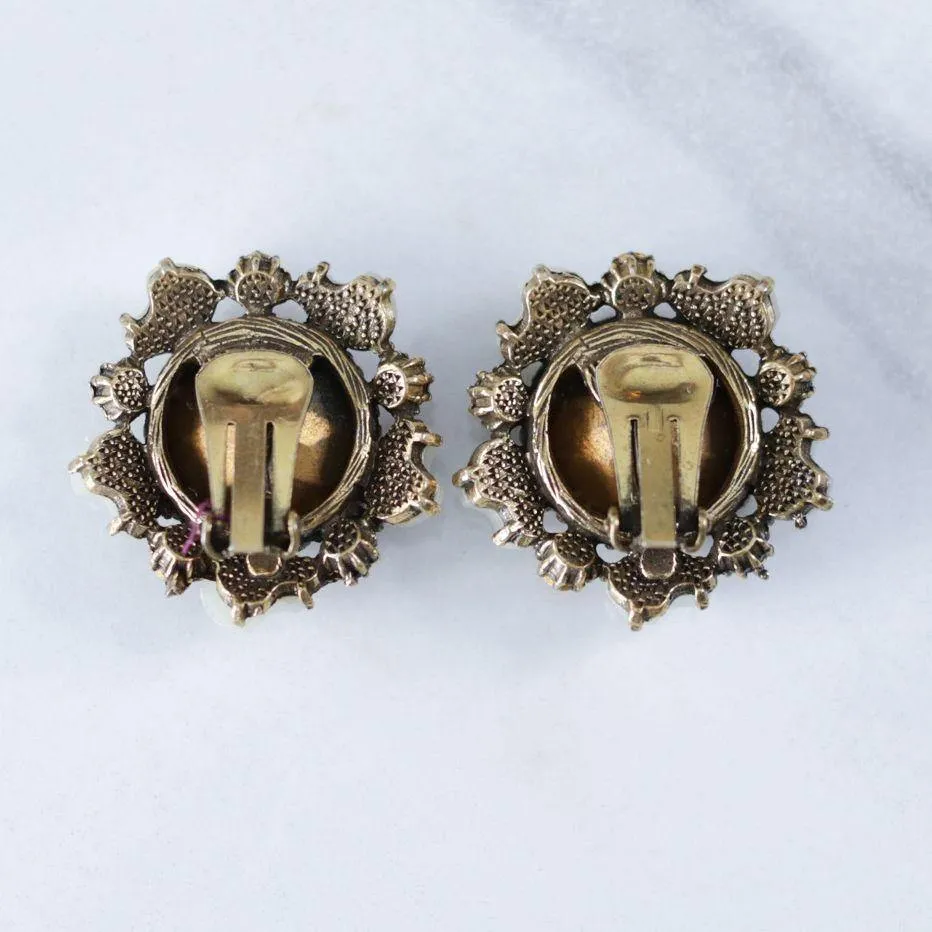 Vintage Florenza Amber Smokey Crystal with Faux Pearl Statement Earrings