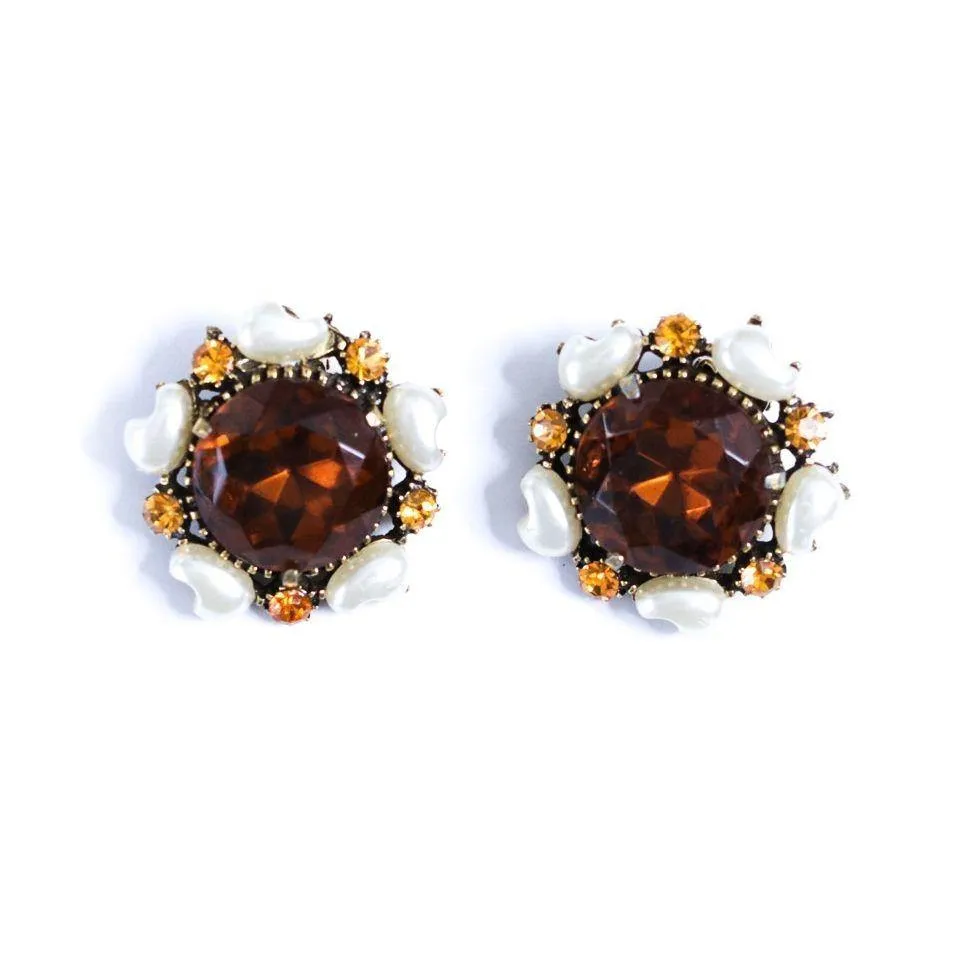 Vintage Florenza Amber Smokey Crystal with Faux Pearl Statement Earrings