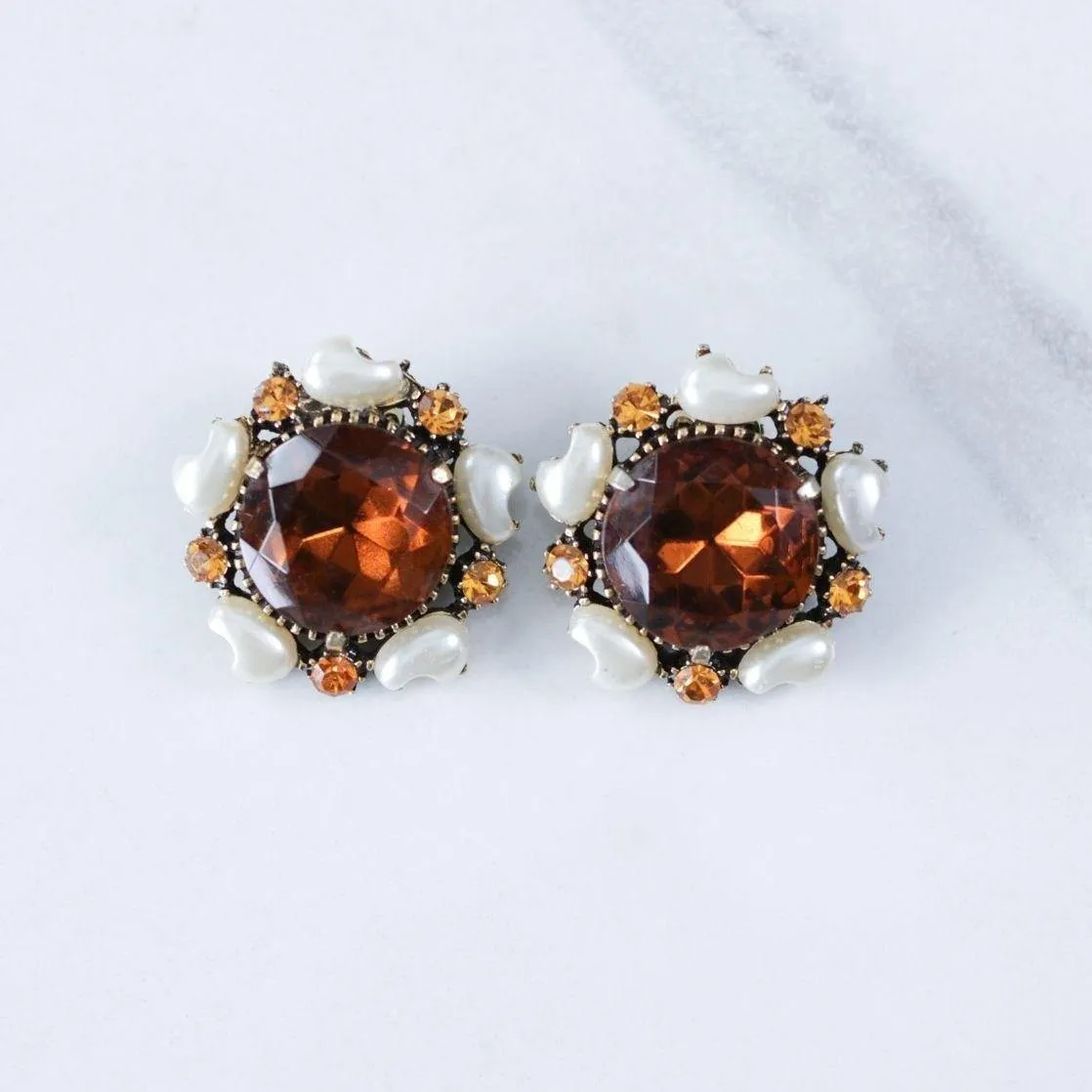 Vintage Florenza Amber Smokey Crystal with Faux Pearl Statement Earrings