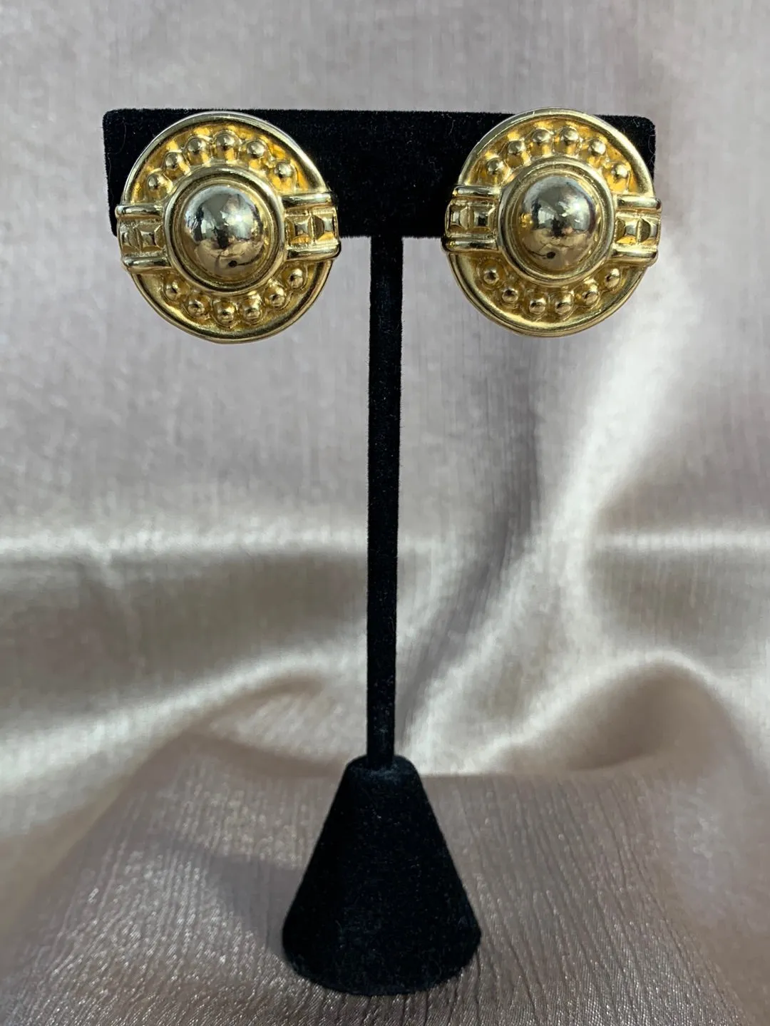 Vintage - GIVENCHY gold tone Round Dome Signed Clip Earrings - 1"