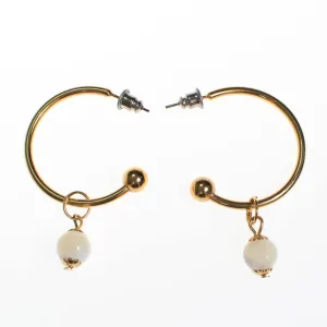Vintage Gold Hoop Earrings with White Agate Bead