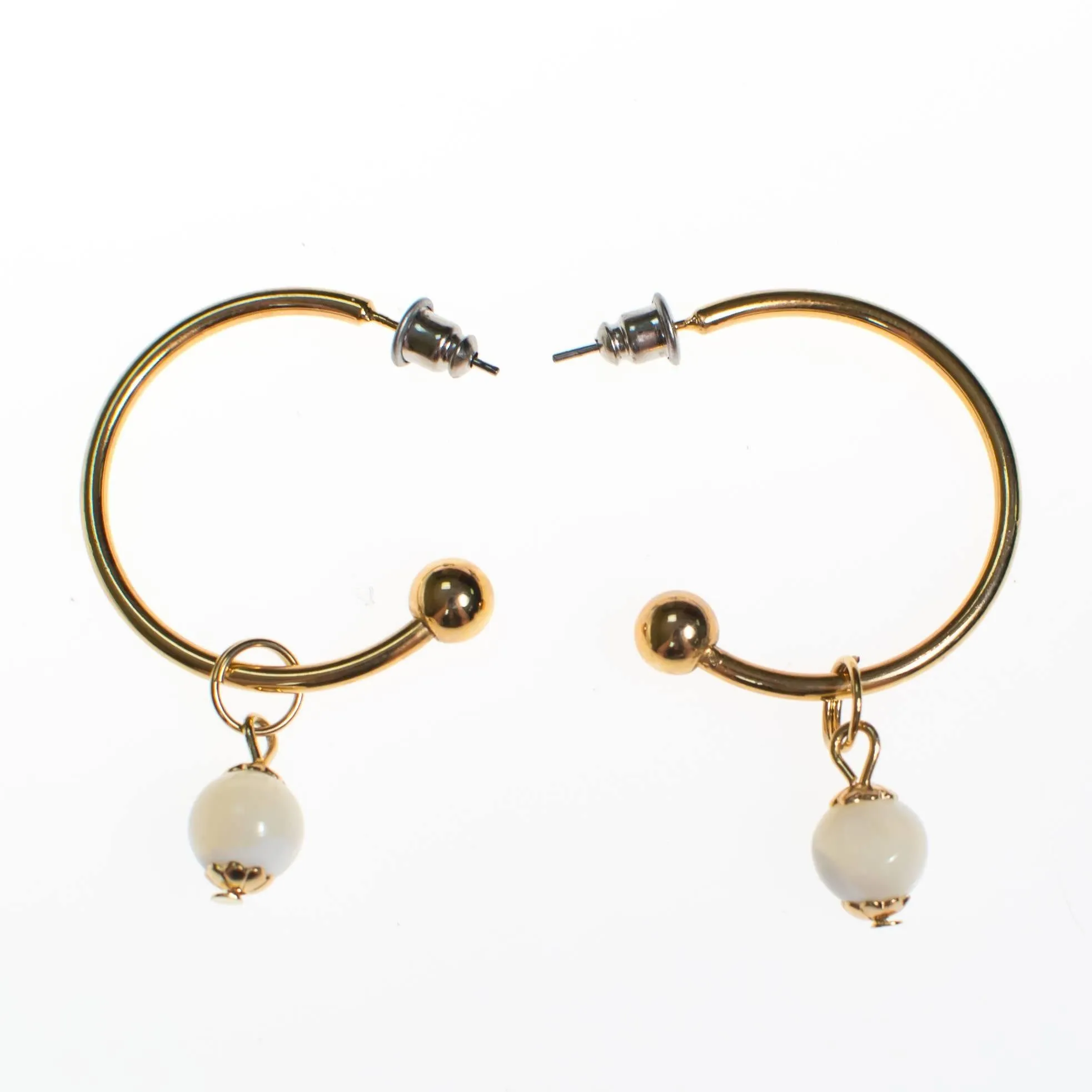 Vintage Gold Hoop Earrings with White Agate Bead