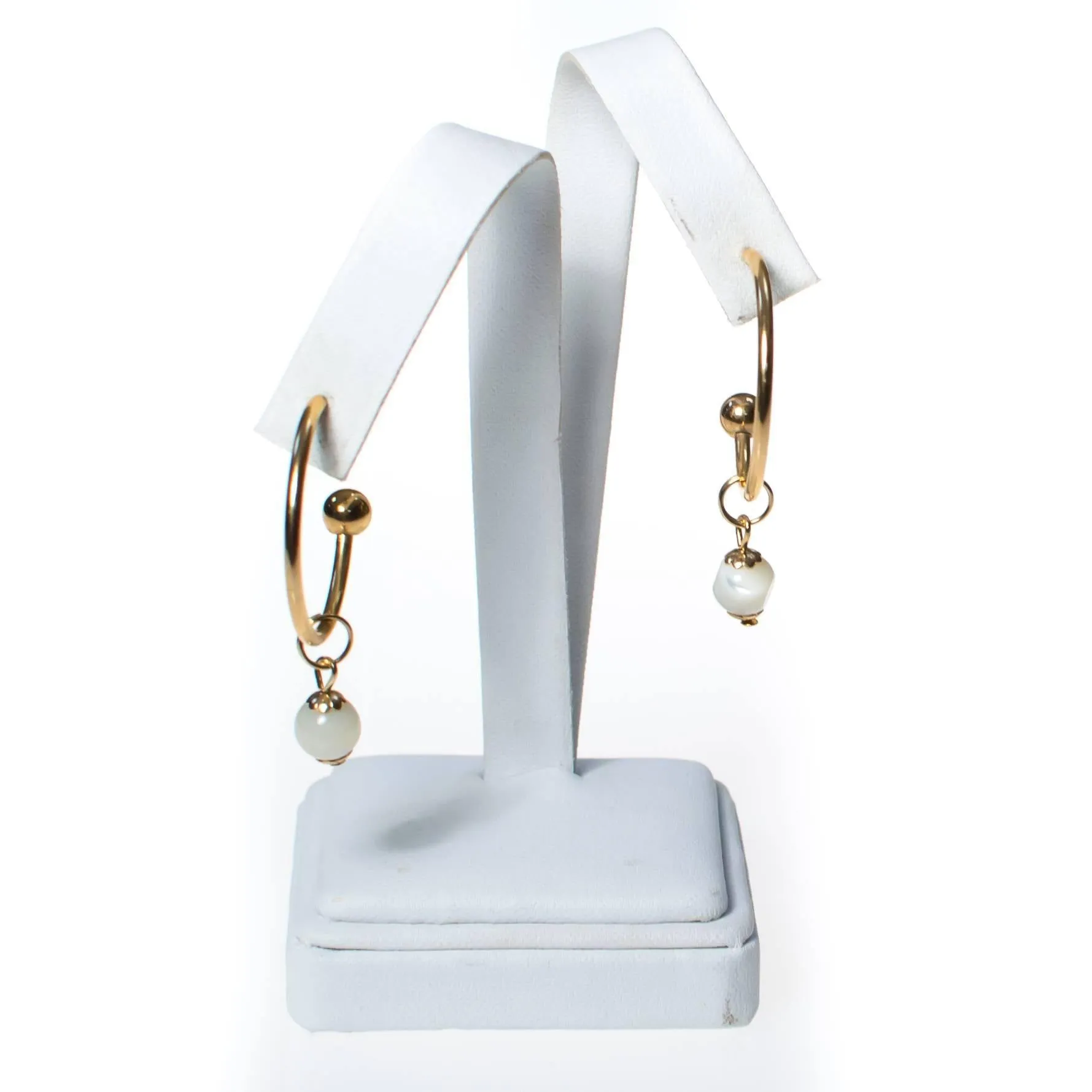 Vintage Gold Hoop Earrings with White Agate Bead