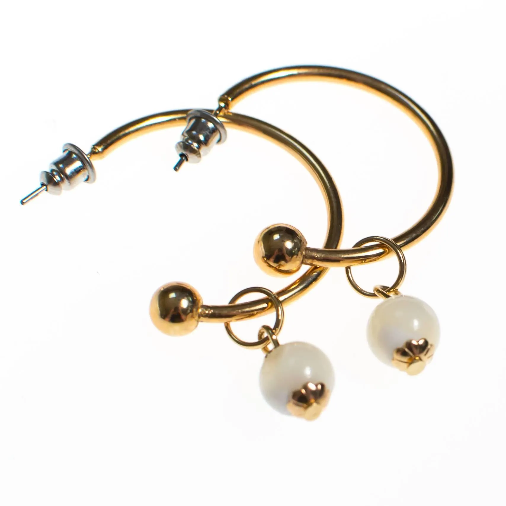 Vintage Gold Hoop Earrings with White Agate Bead