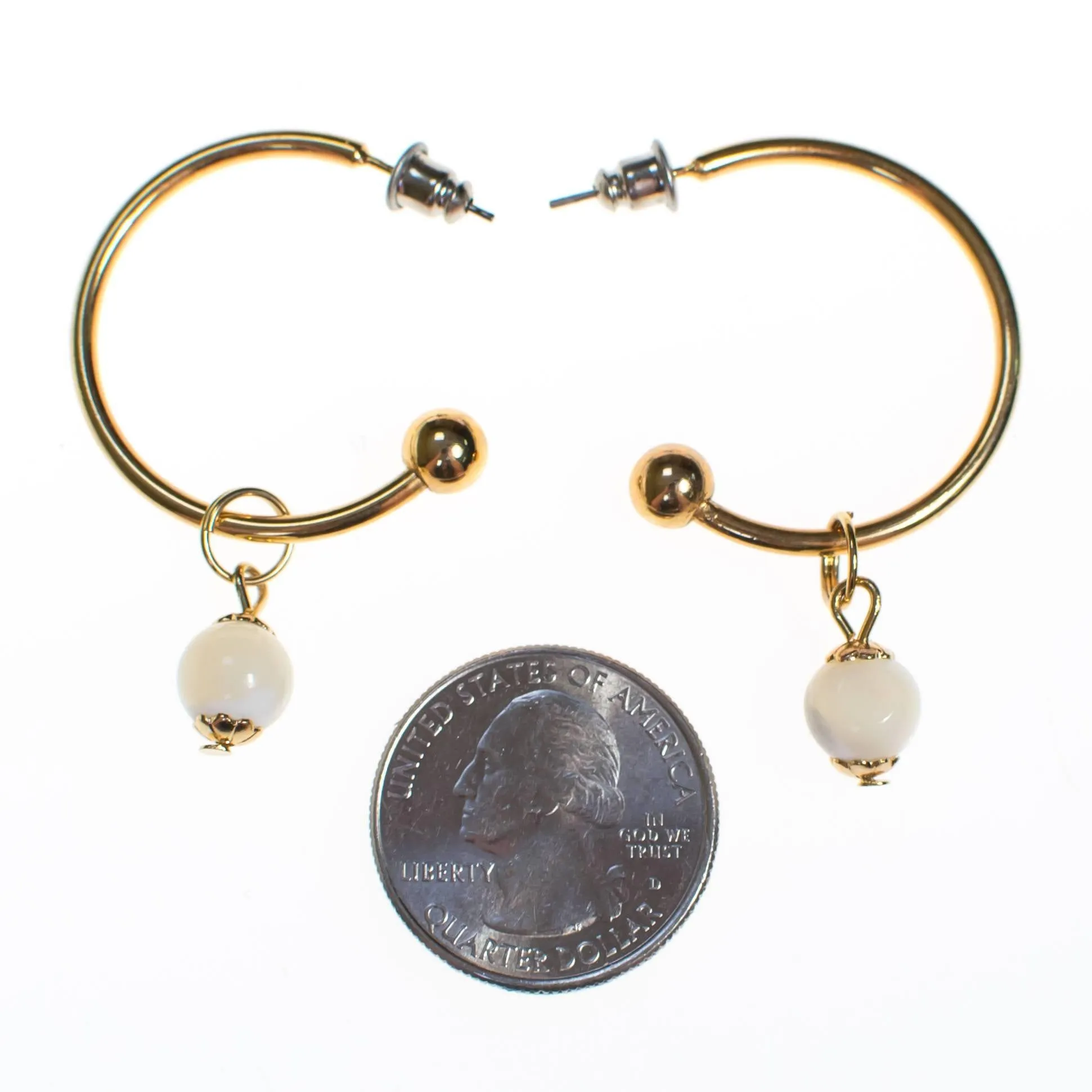 Vintage Gold Hoop Earrings with White Agate Bead
